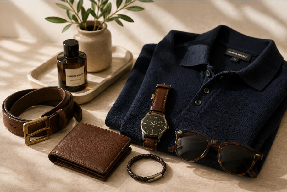 Men’s fashion accessories with navy shirt, leather wallet, watch, belt and sunglasses