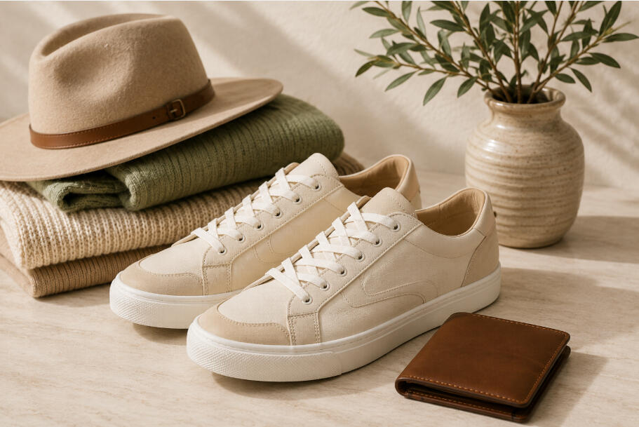 Neutral sneakers with leather wallet and curated accessories