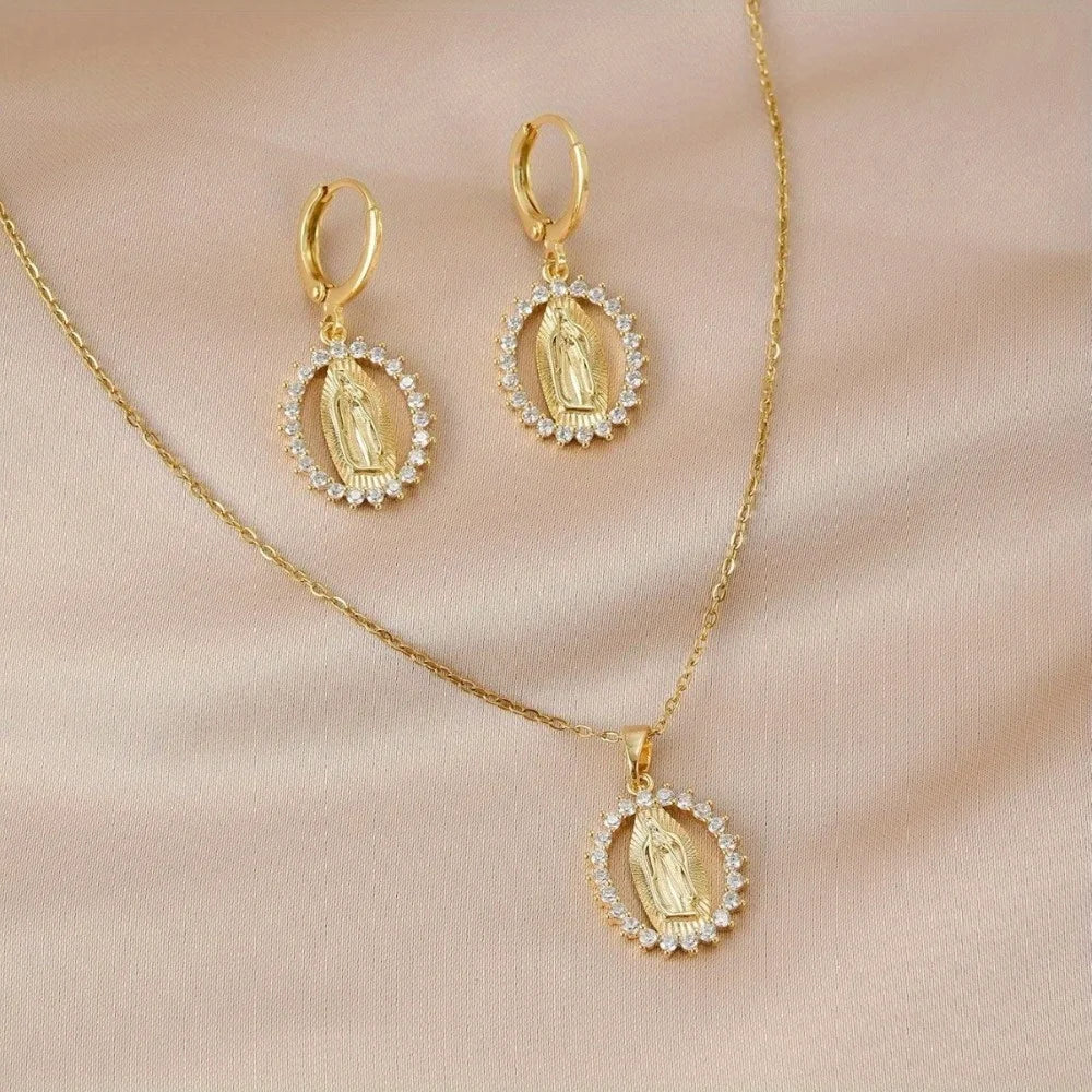 Maison Veyre Gold Medallion Necklace & Earrings Set