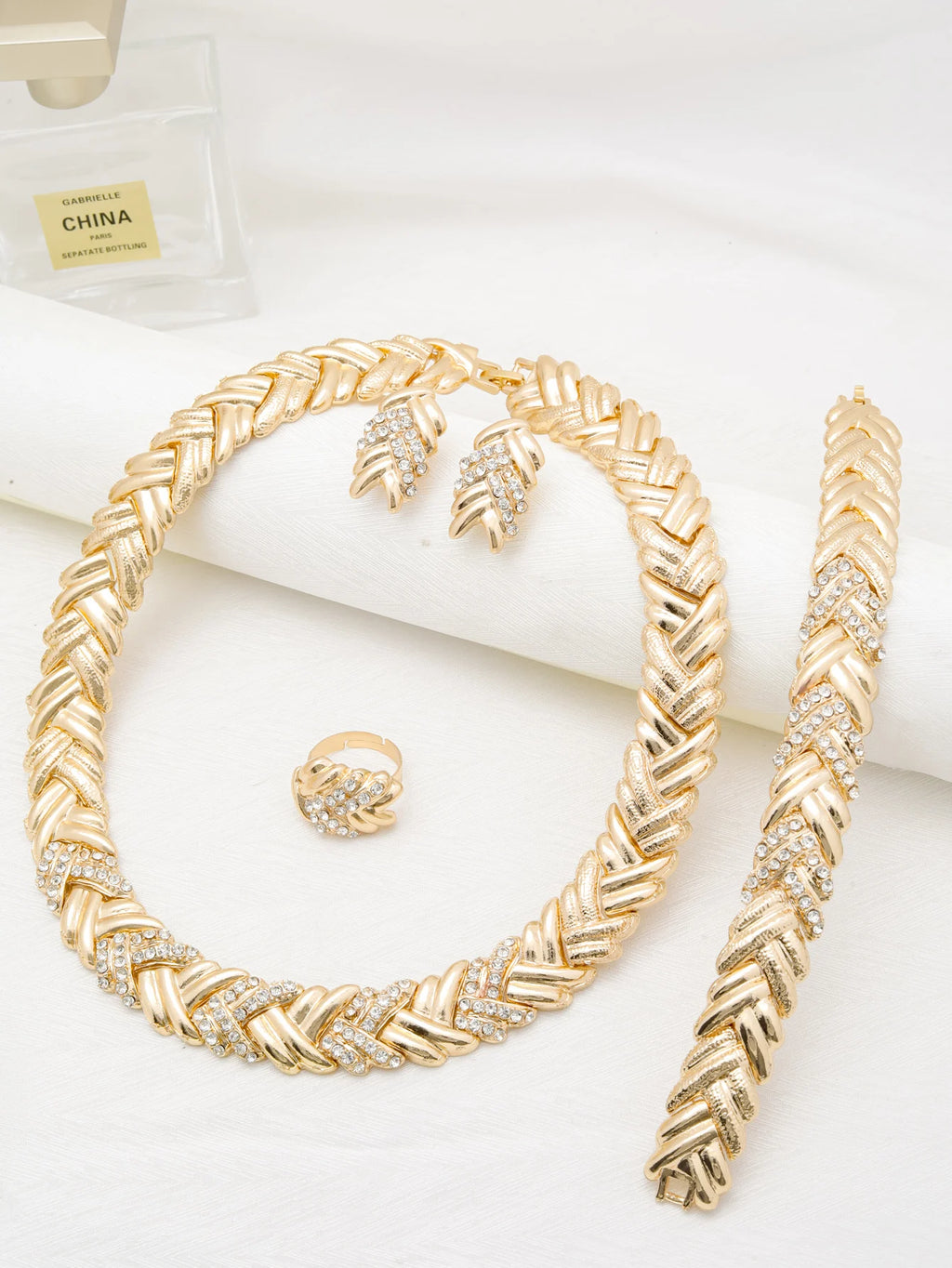 Maison Veyre Gold Woven Jewelry Set — Necklace, Earrings, Bracelet & Ring
