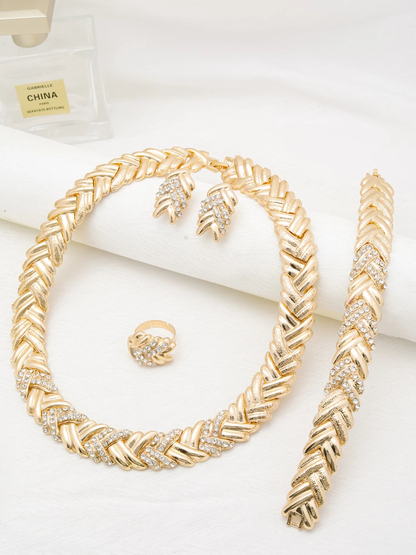 Maison Veyre Gold Woven Jewelry Set — Necklace, Earrings, Bracelet & Ring
