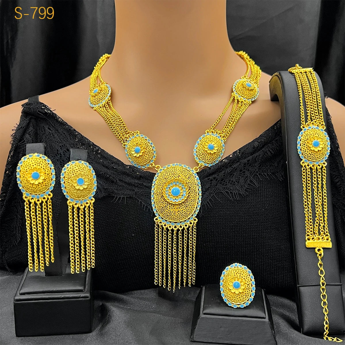 Maison Veyre Gold Statement Jewelry Set — Necklace, Earrings, Bracelet & Ring