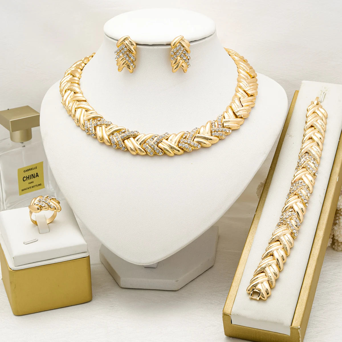 Maison Veyre Gold Woven Jewelry Set — Necklace, Earrings, Bracelet & Ring